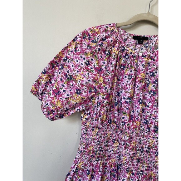 J Crew Puff Sleeve Smocked Midi in Pink Floral Fields Preppy Dress Size L NWT - Picture 5 of 16